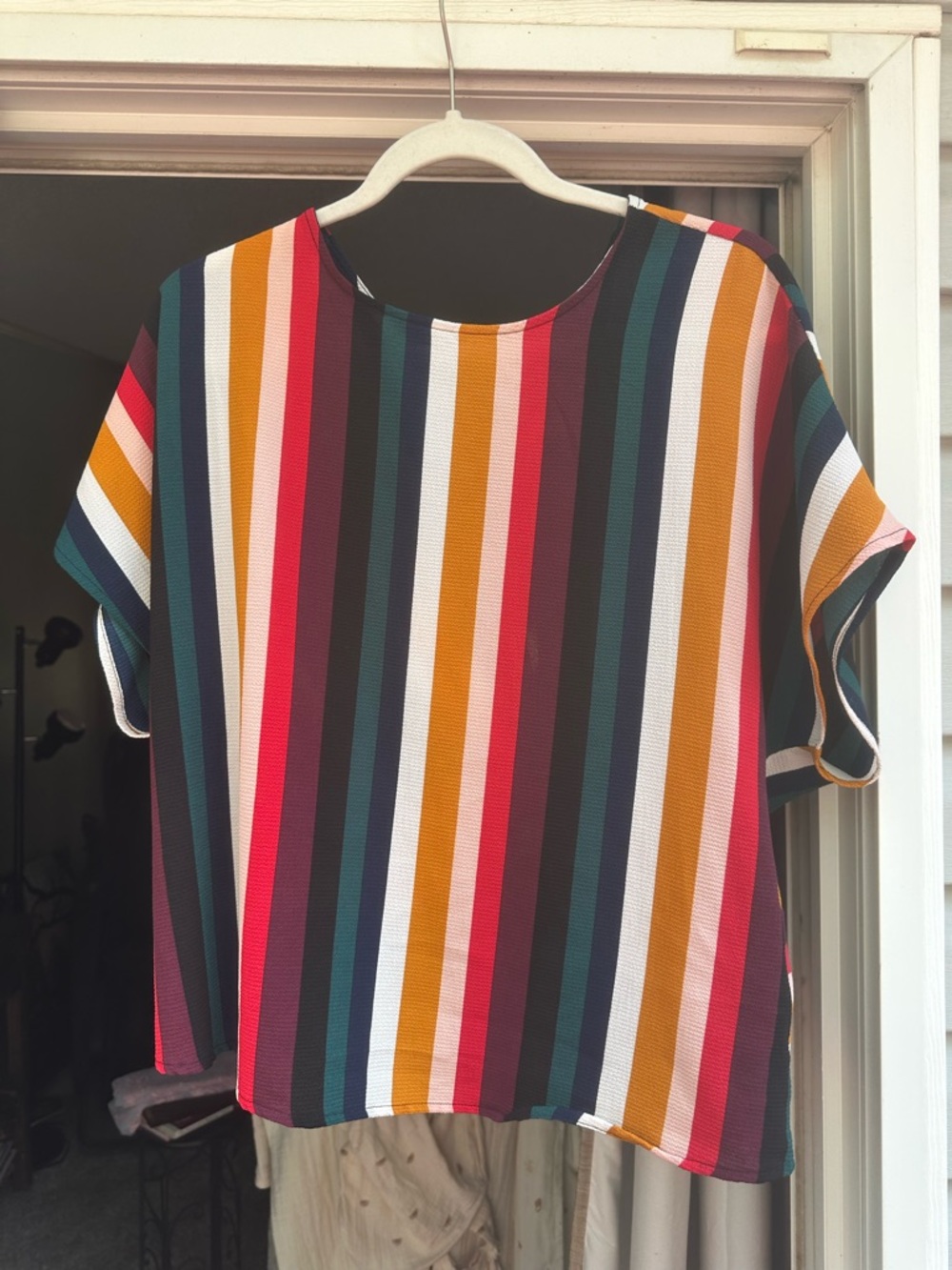 Multicolor Vertical Stripe Short Sleeve Tee - Women's Casual Top